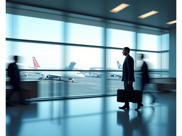 Moderner Flughafen mit Flugzeugen und Geschäftsleuten, Symbol für Geschäftsreisen