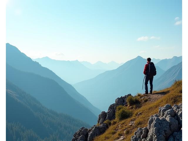 Wanderer auf einem Bergpfad mit atemberaubender Aussicht, Symbol für individuelle Freiheit