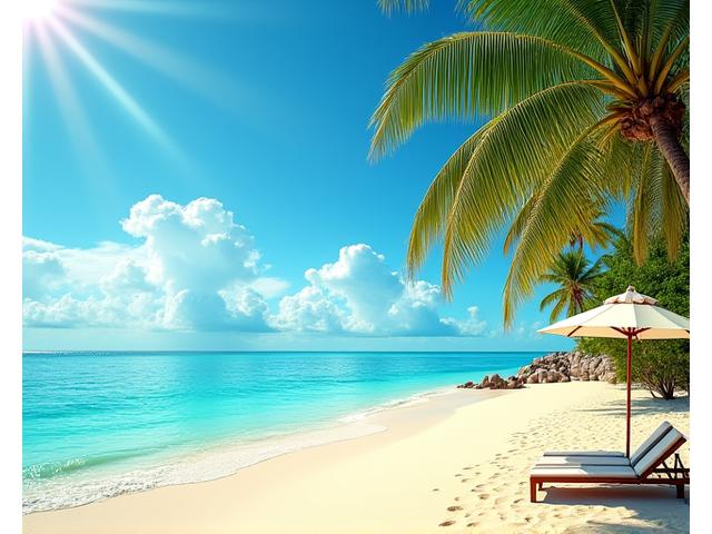Strand mit Palmen und azurblauem Meer, Symbol für sorglose Pauschalreisen