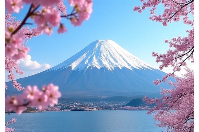 Majestätischer Berg Fuji in Japan mit Sakura-Bäumen