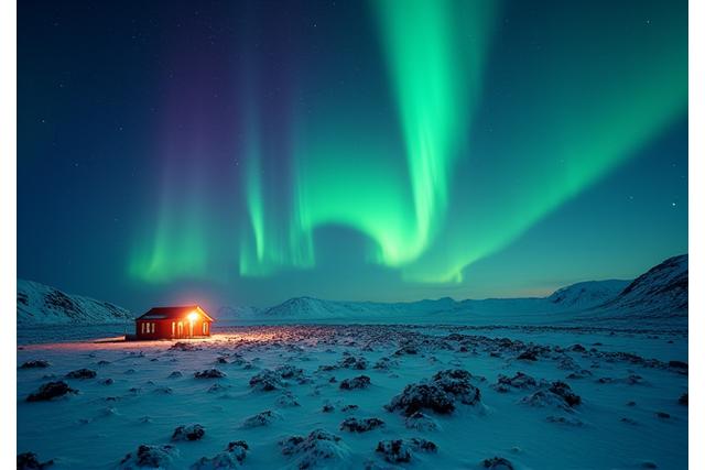 Nordlichter über einer eisigen Landschaft in Island