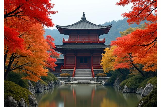 Traditioneller Tempel in Kyoto, Japan, umgeben von Herbstlaub