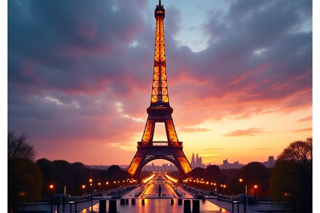 Eiffelturm in Paris bei Sonnenuntergang, romantische Atmosphäre