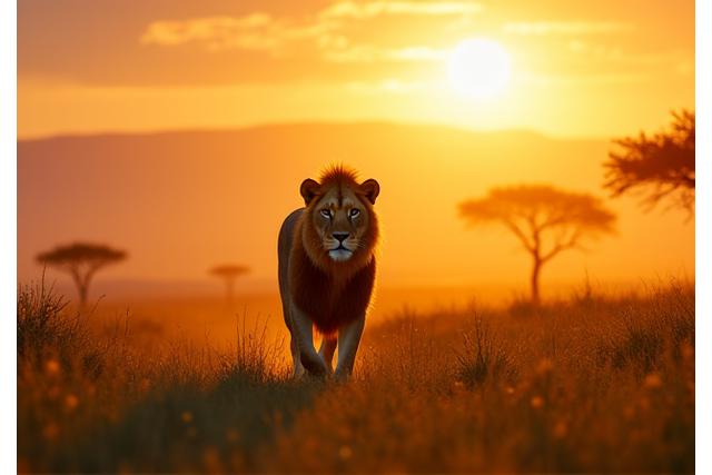 Löwe in der Savanne Afrikas bei Sonnenuntergang